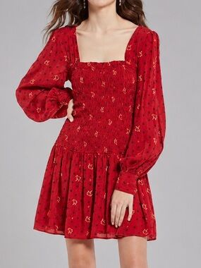🆕🌹Free People Ruby Combo Smocked Mini Dress Boho Long Sleeve Red Floral XL Chic